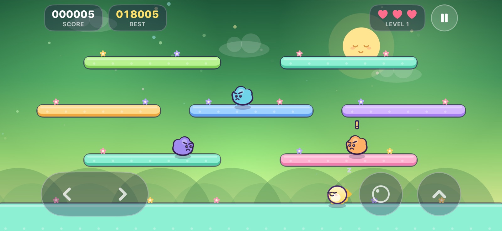 Bubble Burp gameplay — Bob and three grumps on a meadow level