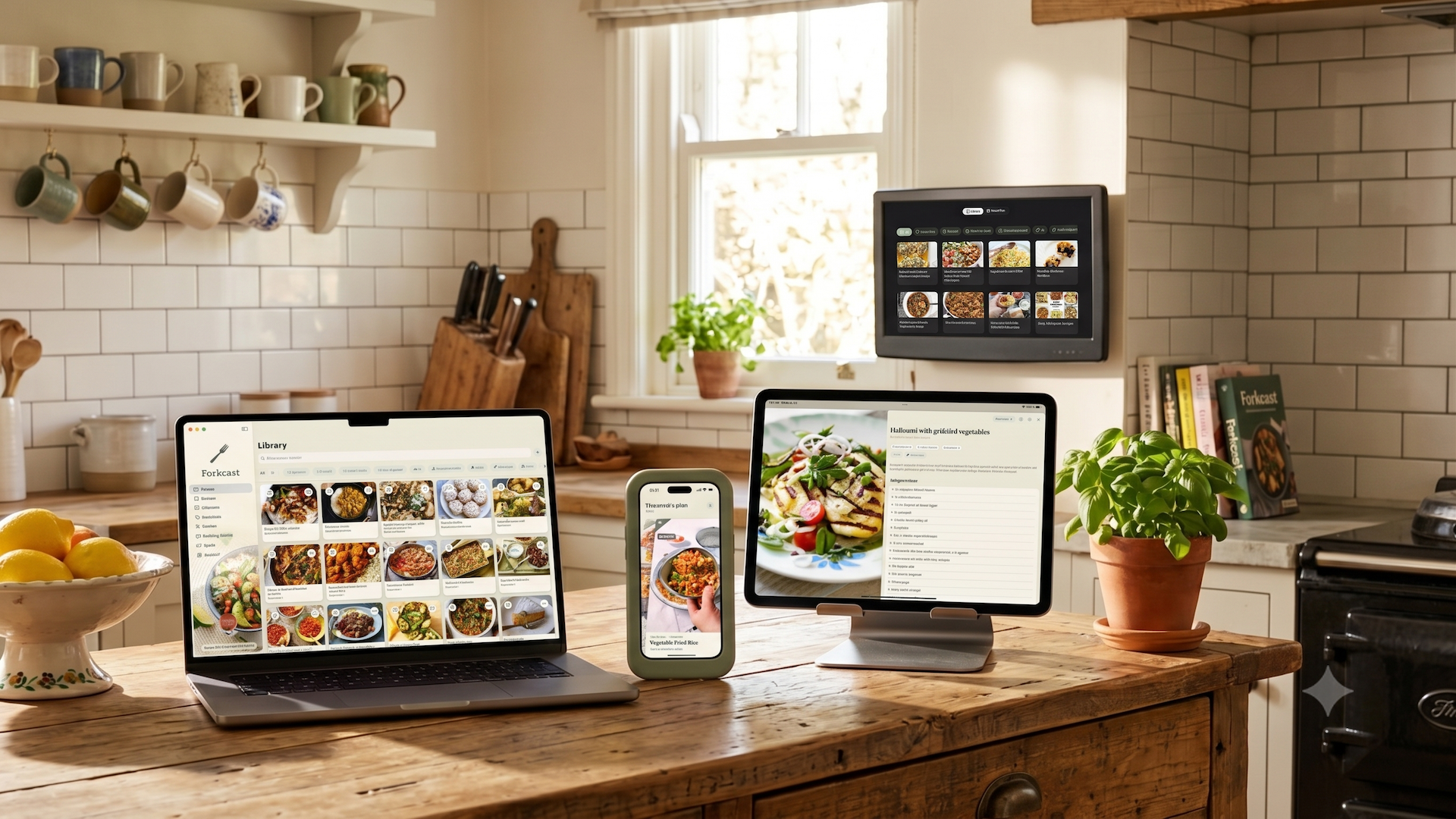 Forkcast running on iPhone, iPad, Mac, and Apple TV — unified across all your devices
